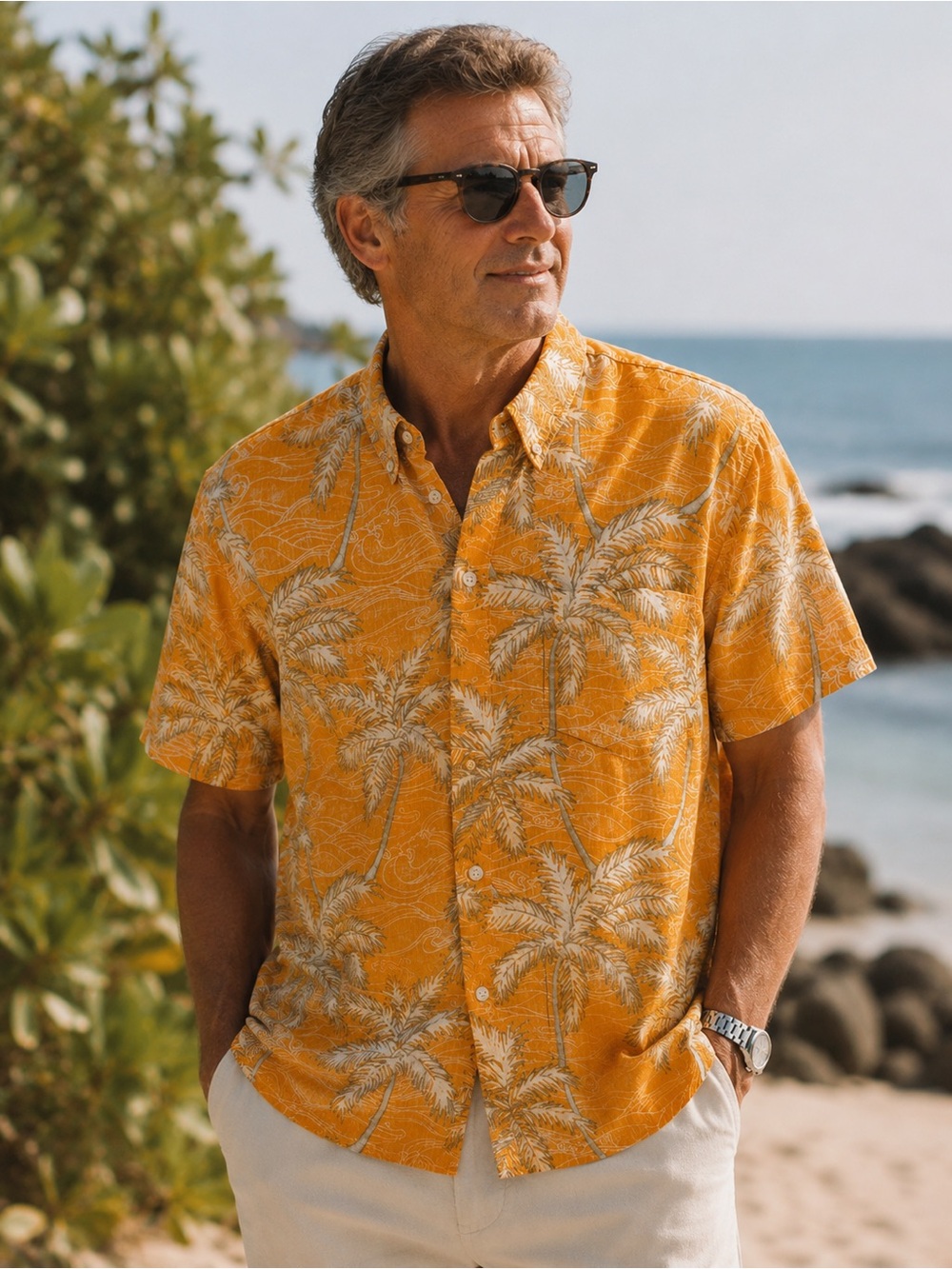 Reyn Spooner Orange Palm Tree Hawaiian Button Down Shirt Preppy Resort Vacation